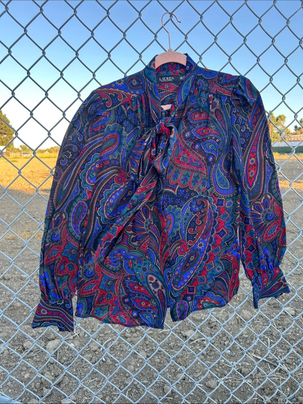 Lauren Ralph Lauren equestrian blue red & purple Paisley Tie-Neck Blouse - Picture 7 of 12
